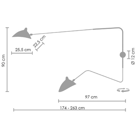 Lampa ścienna CRANE-2W S, 110 cm - loftowy, kinkiet dwuramienny, czarny