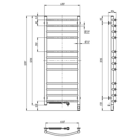 Grzejnik łazienkowy elektryczny Camellia 480х1200 Sensor lewy, timer, czarny