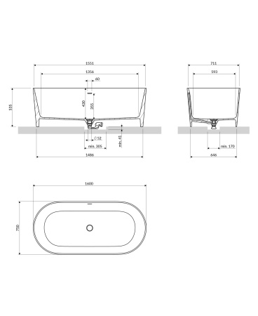 OVO M+ wanna wolnostojąca z przelewem 160 x 75 cm, biały połysk