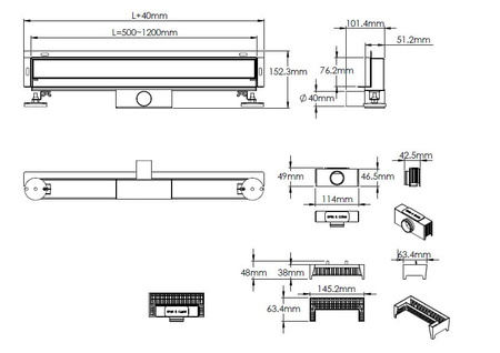 A4H Odpływ Liniowy ścienny Czarny 80 cm 2w1 – Niski montaż 54 mm