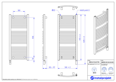Instal Projekt Omer Electro Grzejnik elektryczny  50x120 cm biały połysk/white silk OMERE-50/120+GH-06C1