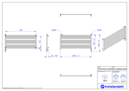 Instal Projekt Stick Level Electro Grzejnik elektryczny  120x60 cm biały połysk/white silk STILE-120/60ZN+GH-06C1