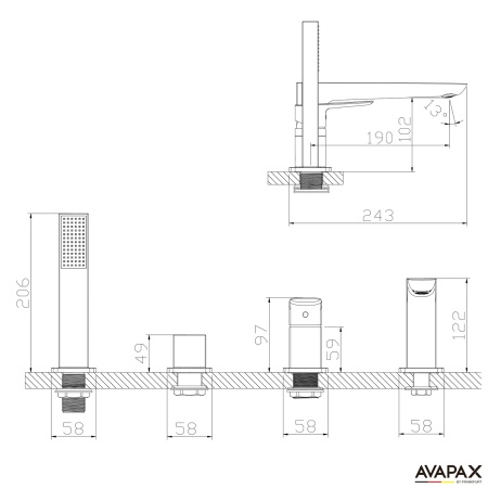 Bateria wannowa 4-otworowa, czarna