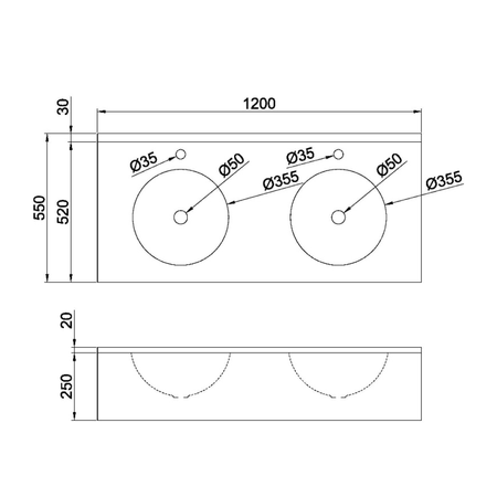 Umywalka podwójna z obudową 1200x270x550 mm, stal nierdzewna mat