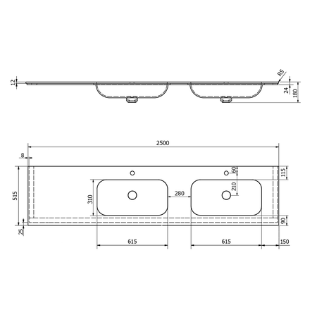 ARUBA umywalka podwójna prawa, 250x51,5 cm, Rockstone biały mat