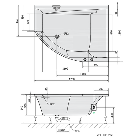 TANDEM R wanna z hydromasażem, 170x130x50cm, Active Hydro-Air, chrom