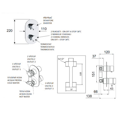 RHAPSODY bateria prysznicowa podtynkowa, termostatyczna, 3 wyjścia, chrom