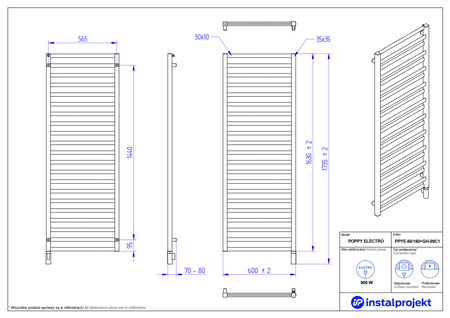 Instal Projekt Poppy Electro Grzejnik elektryczny  60x160 cm biały mat/white mat PPYE-60/160C34+GH-09C1