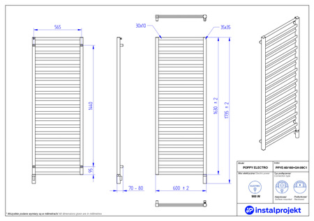 Instal Projekt Poppy Electro Grzejnik elektryczny  60x160 cm czarny mat/black mat PPYE-60/160C31+GH-09C2