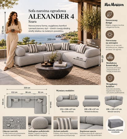 MaMaison sofa narożna ogrodowa ALEXANDER  4 szara (poduszki i pokrowiec w zestawie)