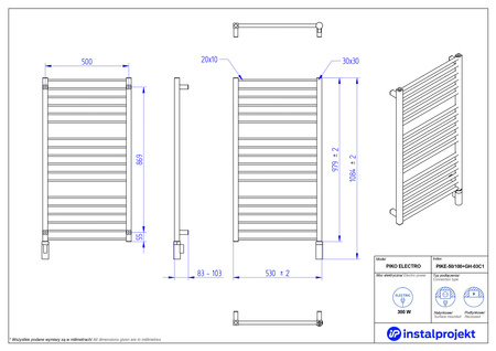 Instal Projekt Piko Electro Grzejnik elektryczny  50x100 cm biały mat/white mat PIKE-50/100C34+GH-03C1