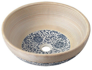 PRIORI umywalka ceramiczna nablatowa Ø 41 cm, beżowy z niebieskim wzorem