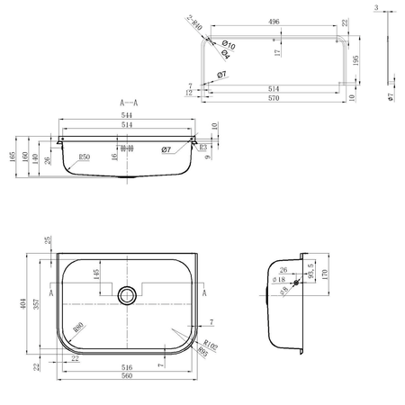 Komora gospodarcza ścienna  560x165x404 mm, ścianka tylna, ruszt, stal nierdzewna mat