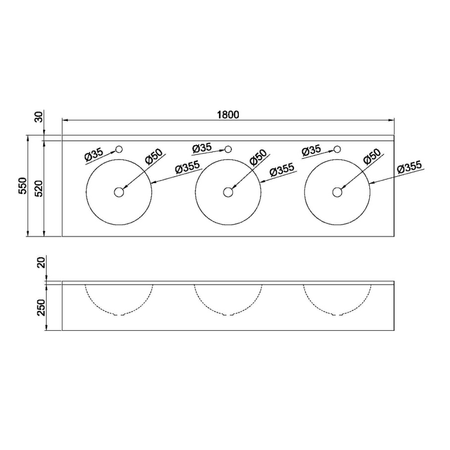 Umywalka potrójna z obudową 1800x270x550 mm, stal nierdzewna mat