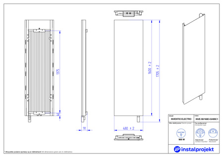 Instal Projekt Inventio Electro Grzejnik elektryczny  50x160 cm biały/silk ekran antracyt c16 INVE-50/160E16+GH-09C2