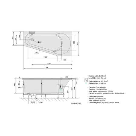 PROJEKTA R wanna z hydromasażem, 160x80x44cm, Highline Hydro-Air, chrom