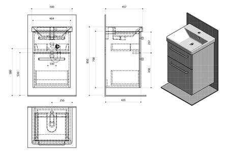 THEIA Szafka umywalkowa 46,4x70x44,2cm, 2 szuflady, sosna rustykalna