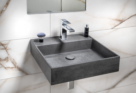 QUADRADO umywalka betonowa z korkiem, 46x46cm, czrany granit