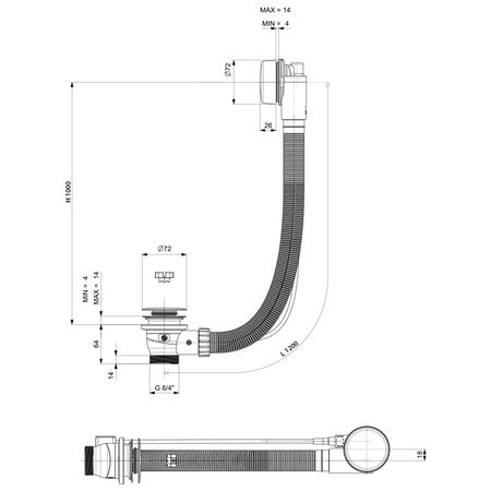 Zestaw odpływowy z korkiem automatycznym, długość 1200mm, korek 72mm, biały