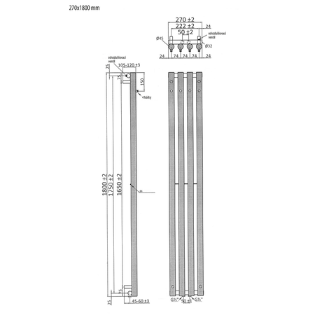 PILON grzejnik łazienkowy 270x1800mm, 4 wieszaki, czarny mat