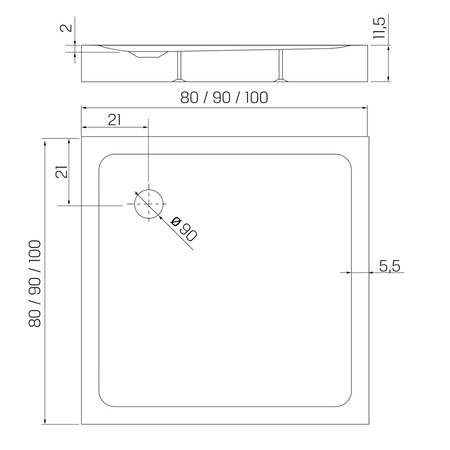 Brodzik MILD akrylowy kwadratowy 100x100x11,5 biały