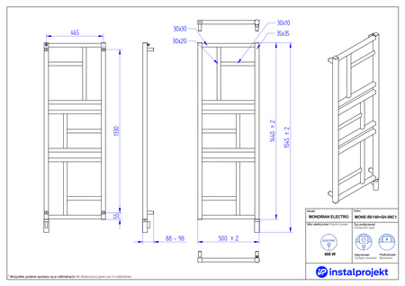 Instal Projekt Mondrian Electro Grzejnik elektryczny  50x140 cm biały mat/white mat MONE-50/140C34+GH-06C1