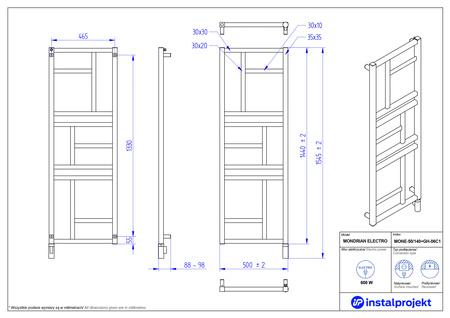 Instal Projekt Mondrian Electro Grzejnik elektryczny  50x140 cm czarny mat/black mat MONE-50/140C31+GH-06C2