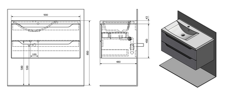 WAVE szafka umywalkowa 89,7x45x47,8cm, lewa, biała/dąb Alabama