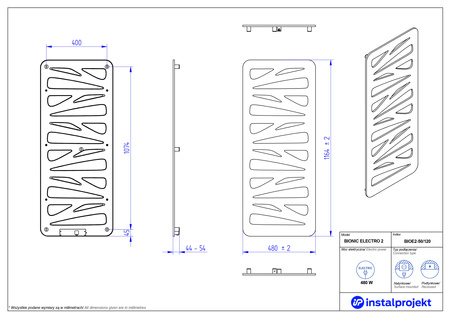 Instal Projekt Bionic Electro Grzejnik elektryczny  50x120 cm czarny mat/black mat BIOE2-50/120C31