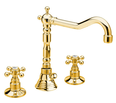 ANTEA bateria umywalkowa trzyelementowa z wylewką retro, z odpływem, złoto