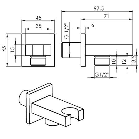 Przyłącze kątowe z uchwytem, chrom