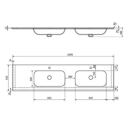 ARUBA umywalka podwójna prawa, 220x51,5 cm, Rockstone biały mat