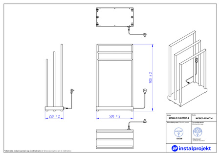 Instal Projekt Mobilo 2 Electro Grzejnik elektryczny  50x90 cm czarny mat/black mat MOBE2-50/90C31