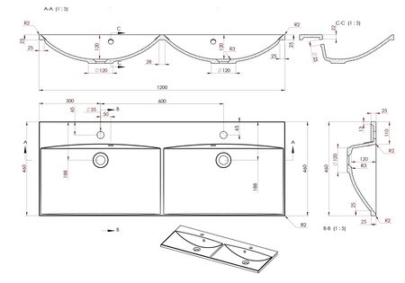 MARIA umywalka podwójna kompozytowa 120x46cm, biała