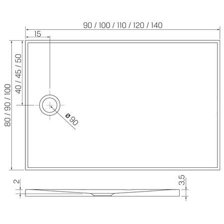 Brodzik NEX konglomeratowy prostokątny 120x100x3,5 biały, gł. 2 cm, fi 90