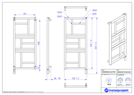 Instal Projekt Mondrian Electro Grzejnik elektryczny  50x110 cm czarny mat/black mat MONE-50/110C31+GH-03C2