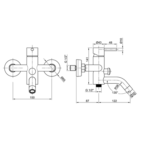 MINIMAL bateria wannowa ścienna, stal nierdzewna mat