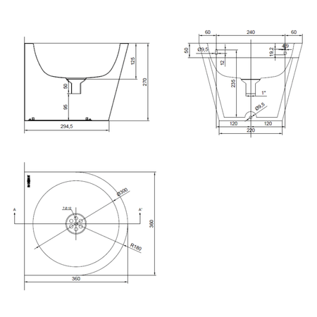 Umywalka  ścienna bez otworu na baterię 360x270x360 mm, stal nierdzewna mat
