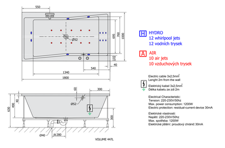 QUEST HYDRO-AIR wanna z hydromasażem, 180x100x49cm, biała