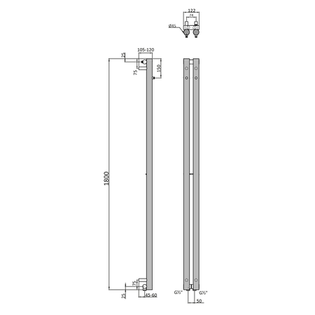 PILON grzejnik łazienkowy 122x1800mm, 2 wieszaki, chrom