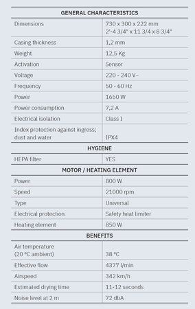 V-JET INOX bezdotykowa suszarka do rąk, 220-240V, 1650W, 300x730x222mm, stal nierdzewna mat