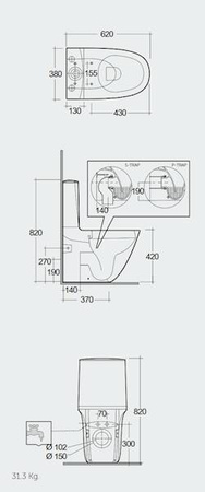 Zestaw SENSATION Kompakt: Miska WC Rimless do kompaktu 62cm & zbiornik do kompaktu, zasilanie dolne & Deska WC W/O