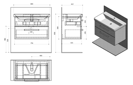 THEIA Szafka umywalkowa 75,6x50x44,2cm, 2 szuflady, dąb Alabama