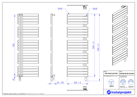 Instal Projekt Pop Star Electro Grzejnik elektryczny  50x150 cm ciemny szary/grey wall POPSE-50/150C71+GH-06C3