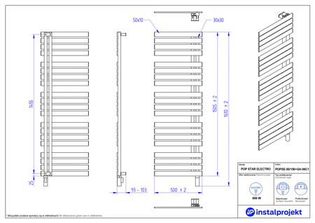 Instal Projekt Pop Star Electro Grzejnik elektryczny  50x150 cm srebrny/silver POPSE-50/150C17+GH-06C3