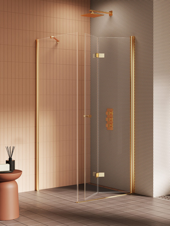 Kabina prysznicowa NEW SOLEO GOLD BRUSHED 1D prostokątna P 80x90x195 szkło czyste 6mm Active Shield 2.0 - składane