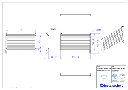 Instal Projekt Stick Level Electro Grzejnik elektryczny  100x60 cm biały połysk/white silk STILE-100/60ZN+GH-06C1