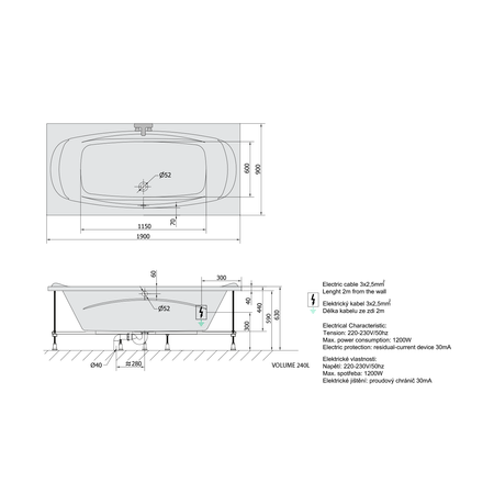 GARDA wanna z hydromasażem, 190x90x44cm, Attraction Hydro, chrom
