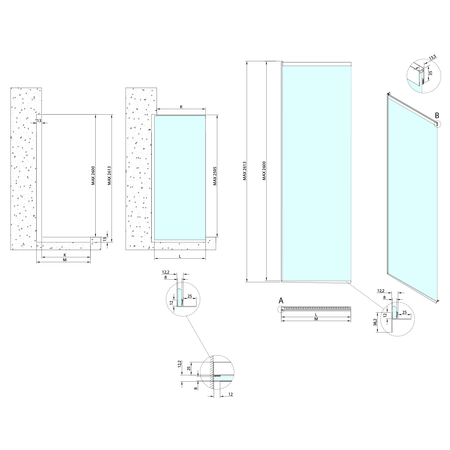 ARCHITEX zestaw do mocowania szkła podłoga-ściana-sufit z listwą spadkową, 1615x2600mm, lewy, polerowany aluminium
