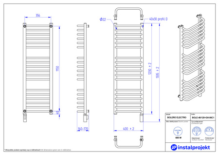 Instal Projekt Bolero Electro Grzejnik elektryczny  40x120 cm biały połysk/white silk BOLE-40/120+GH-06C1